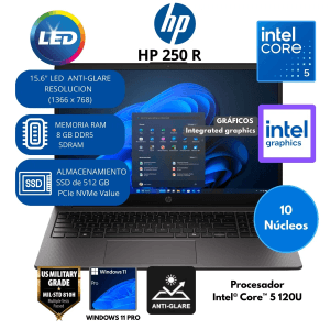 PORTATIL HP 250R G10 / CORE 5 -120U / 8GB DDR5 / SSD 512GB / 15.6" / FREEDOS